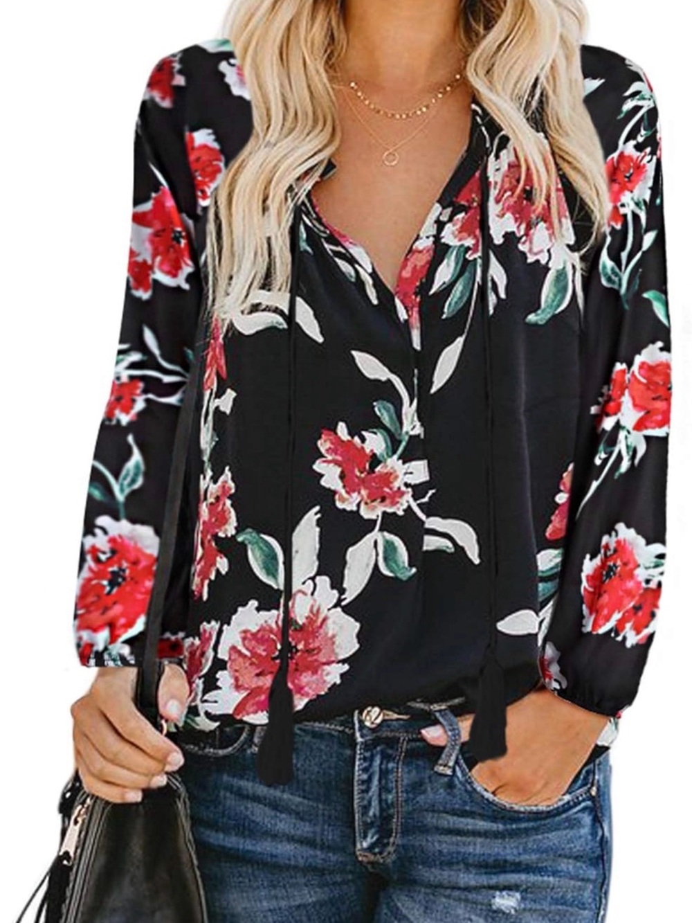 Floral V-Neck Long Sleeve Blouse - Black with Red Floral